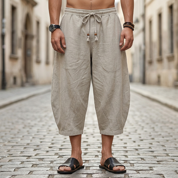 Mens Cropped Pants Drawstring Loose Fit Casual
