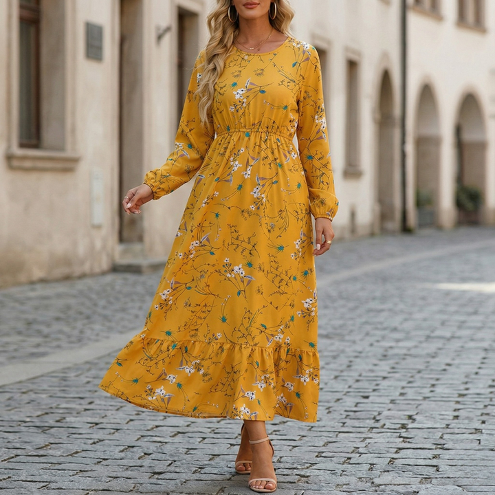 Maxi Dress Long Sleeve Floral Print Elastic Waist Women