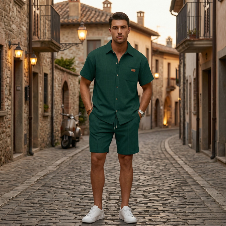 Mens Short Sleeve Shirt and Shorts Set Button Up Casual Outfit