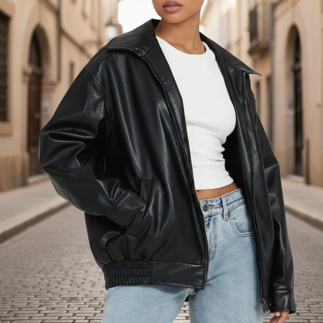 Leather Jacket Oversized Zip Front Women