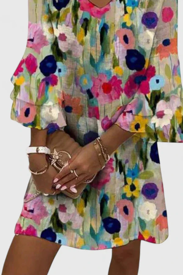 Women's Mini Dress Floral Loose Fit 3/4 Sleeve V-Neck