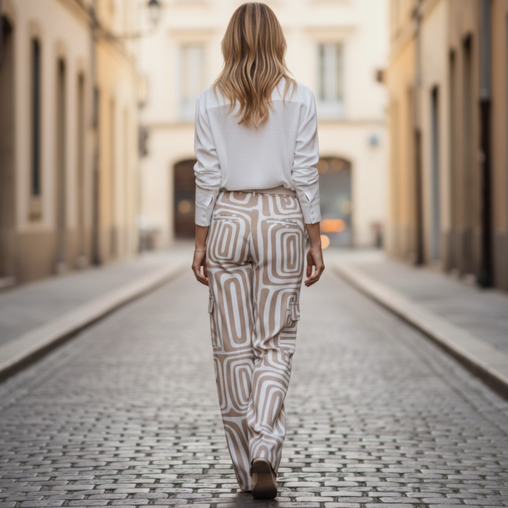 Womens Two Piece Pants Set Collared Blouse Printed