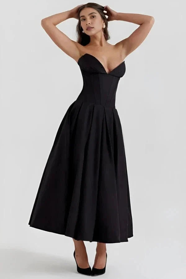 Women's Midi Dress Strapless Boned Bodice Full Skirt Zip Back