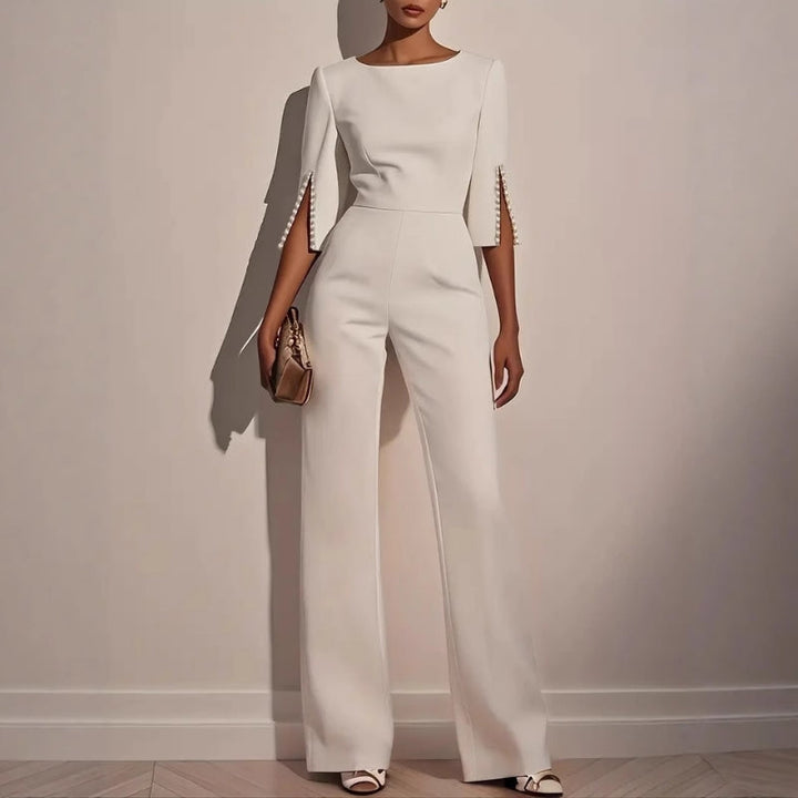 Women's Jumpsuit Velvet Wide Leg Boat Neck 3/4 Sleeve Pearl Trim – Formal