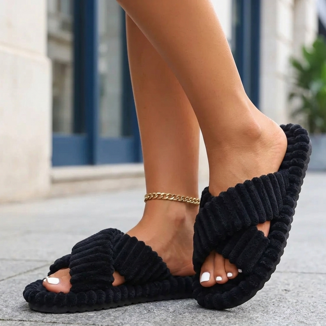 Women’s Plush Slippers Thick Sole Cross Strap House Slides