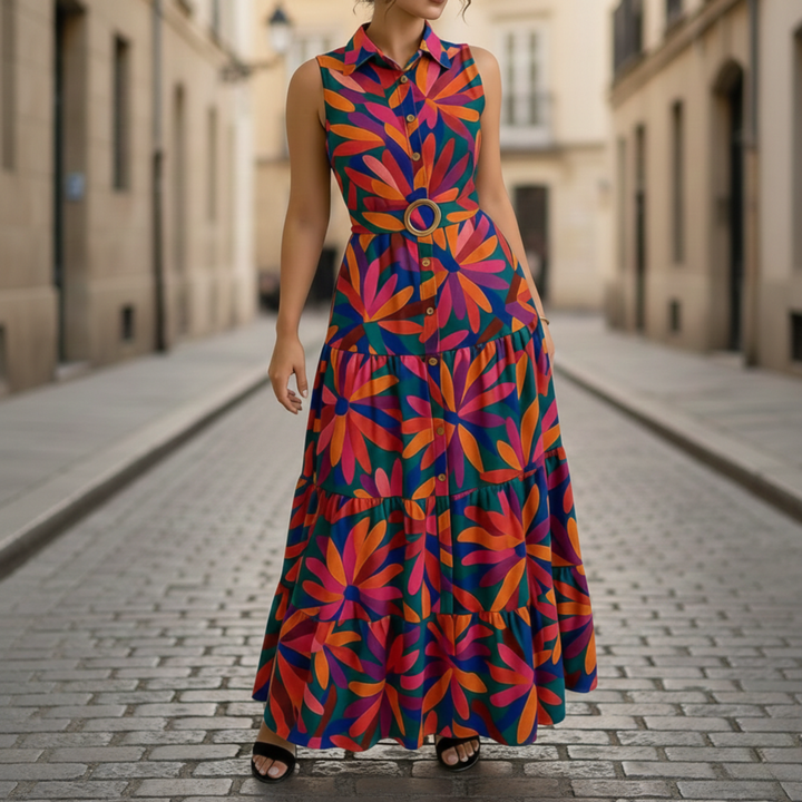 Maxi Dress Floral Sleeveless Button Front Women