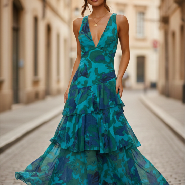 Maxi Dress Floral Print Ruffle V Neck Women