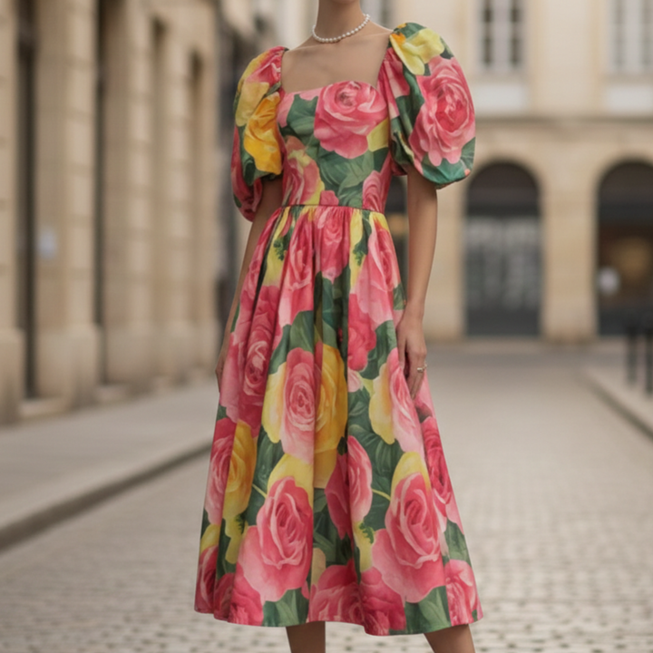 Midi Dress Floral Puff Sleeve Women