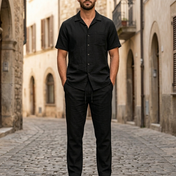 Mens Short Sleeve Shirt and Pants Set Button Up Casual Outfit