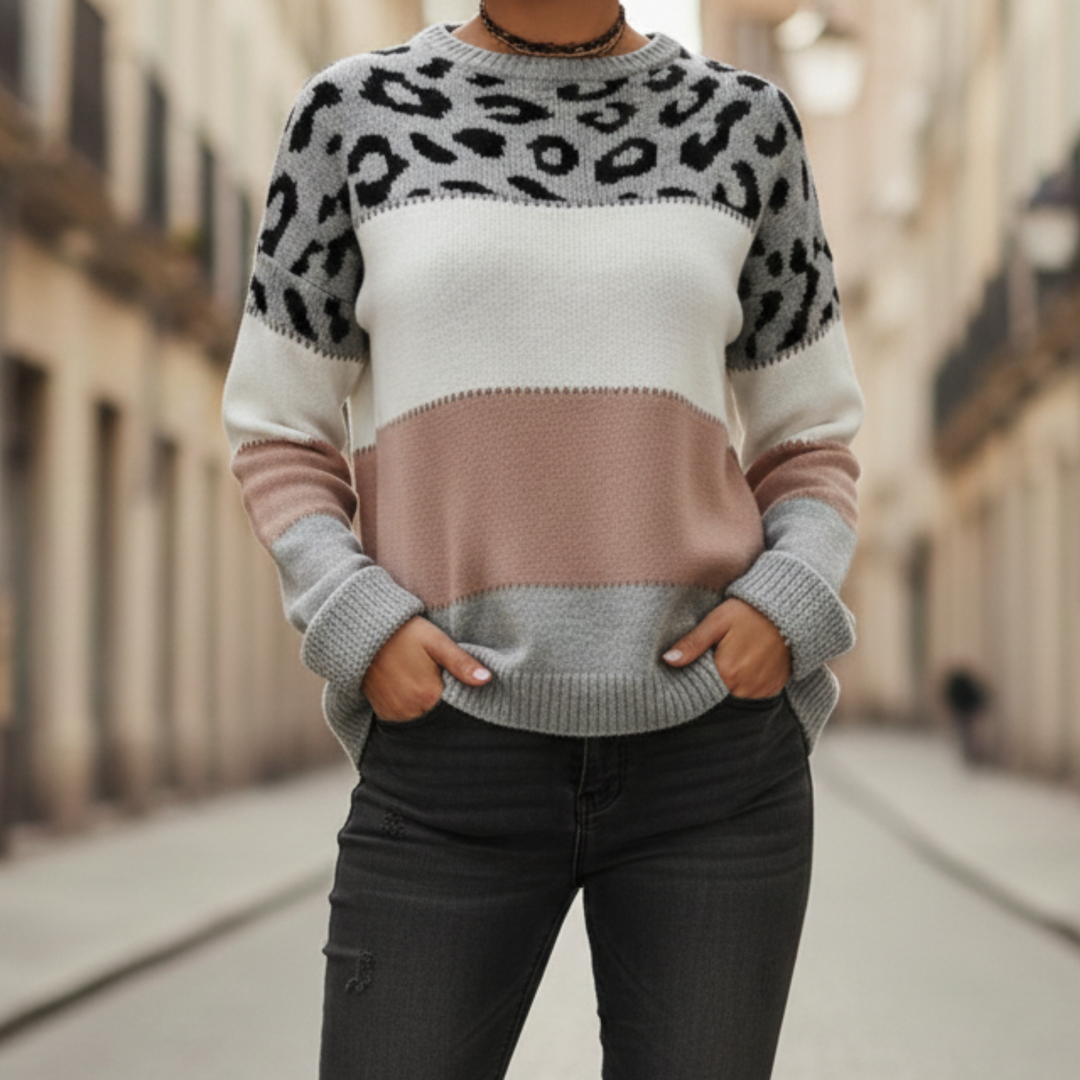 Sweater Leopard Print Color Block Knit Women
