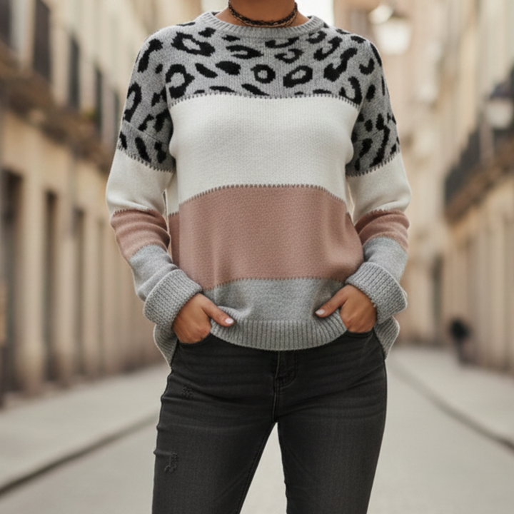 Sweater Leopard Print Color Block Knit Women