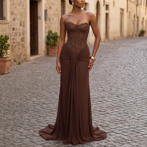Women’s Strapless Wedding Dress Beaded Corset Bodice Draped Mermaid Gown