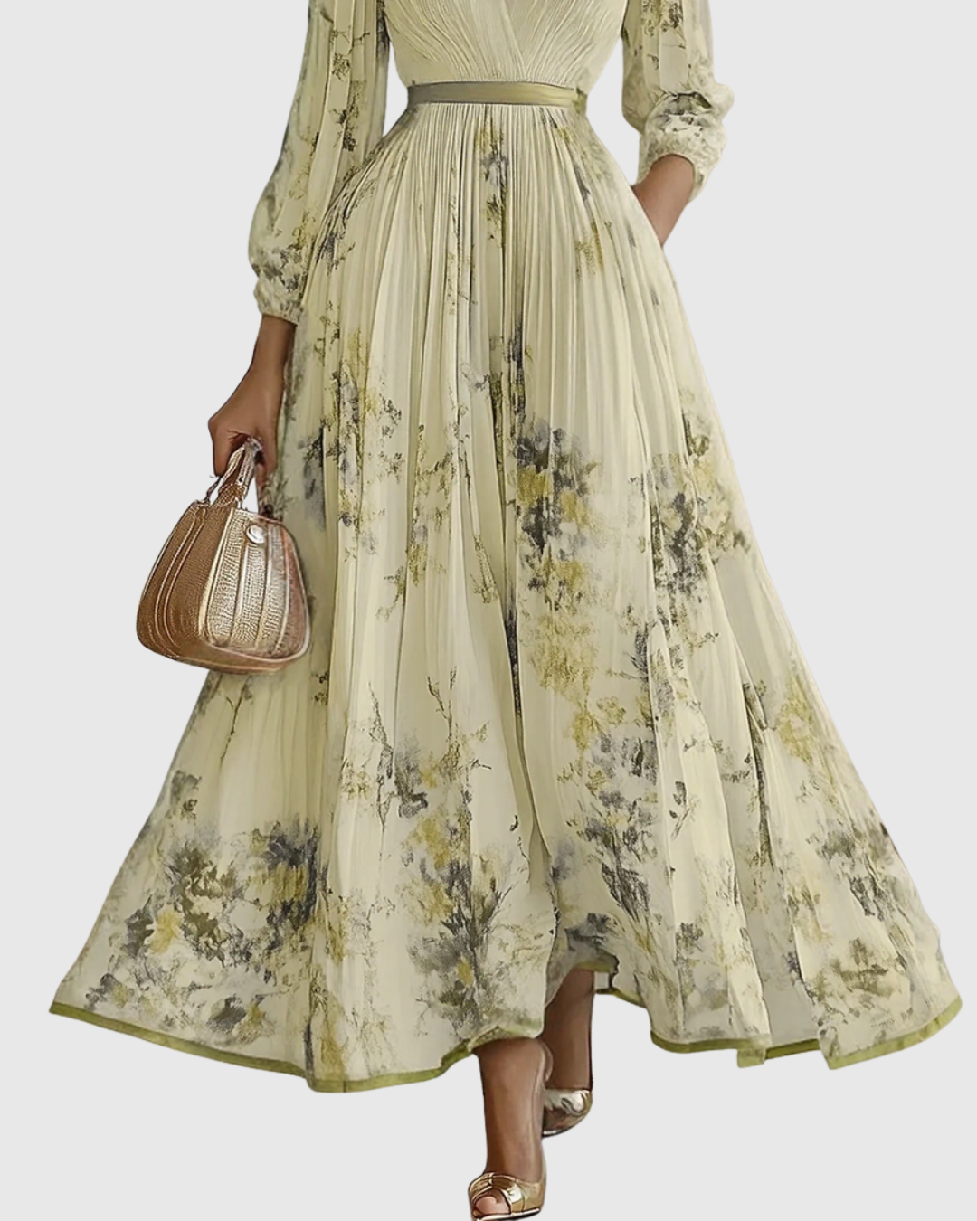 Women's Velvet Maxi Dress Pleated Long Sleeve