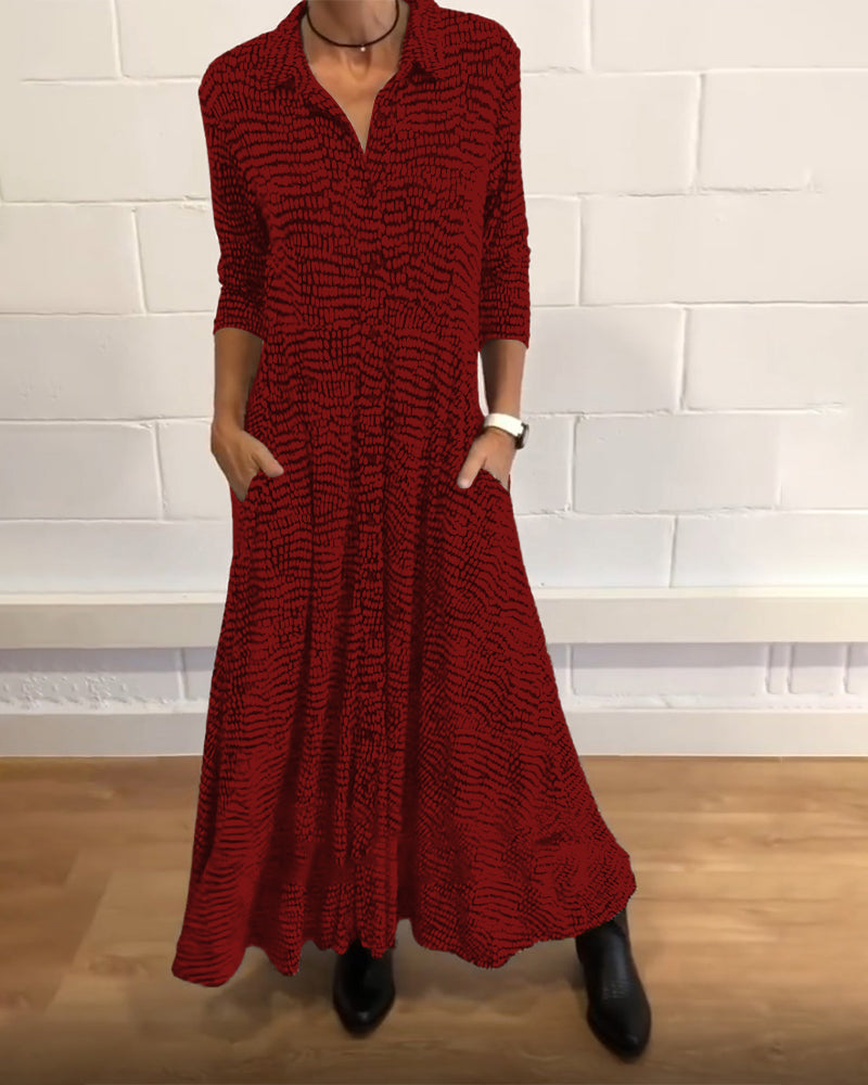 Women's Dress with Print V-Neck, 3/4 Sleeve, and Pockets