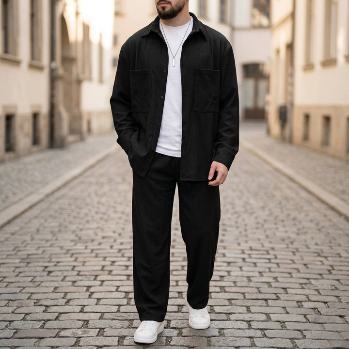 Mens Corduroy Shirt and Pants Set Button Up Casual Outfit