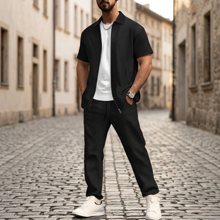 Mens Short Sleeve Shirt and Pants Set Textured Zip Casual Outfit