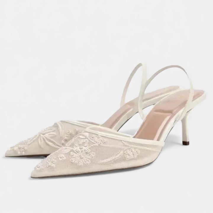 Women's Embroidered Mesh Stiletto Slip-On with Pointed Toe – Elegant