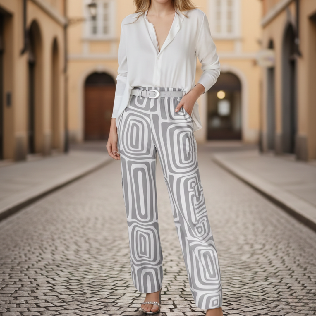 Womens Two Piece Pants Set Collared Blouse Printed