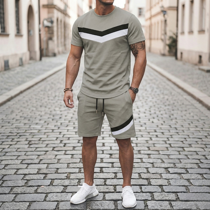 Mens T Shirt and Shorts Set Color Block Casual Outfit