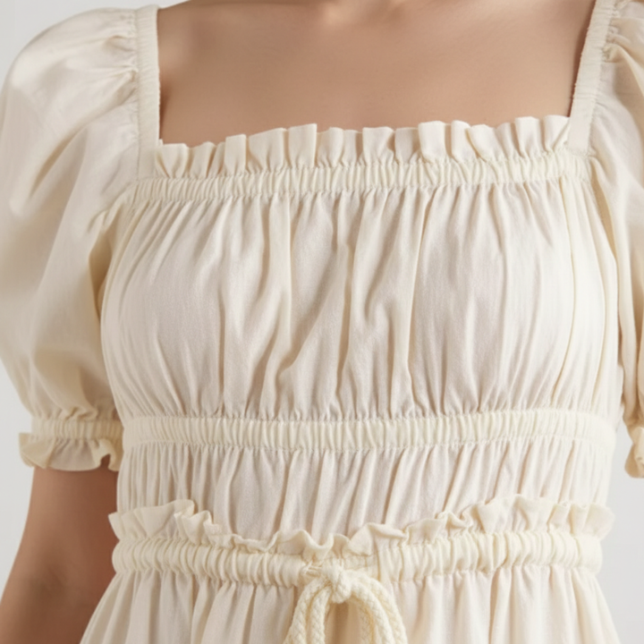 Midi Dress Puff Sleeve Square Neck Women