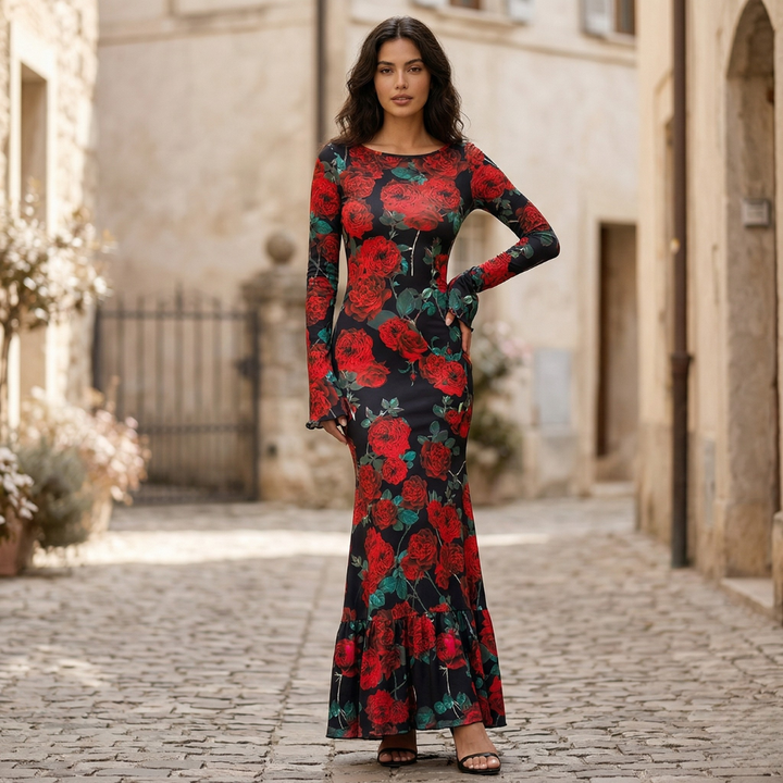 Maxi Dress Long Sleeve Floral Print Bodycon Women