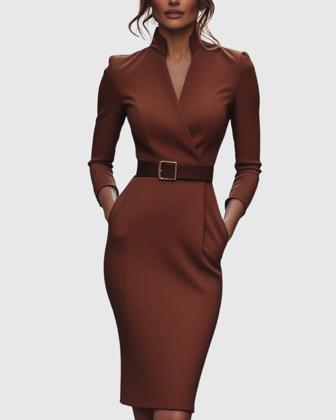 Women's Midi Dress Sheath Slim Fit Three Quarter Sleeve V-Neck Belted