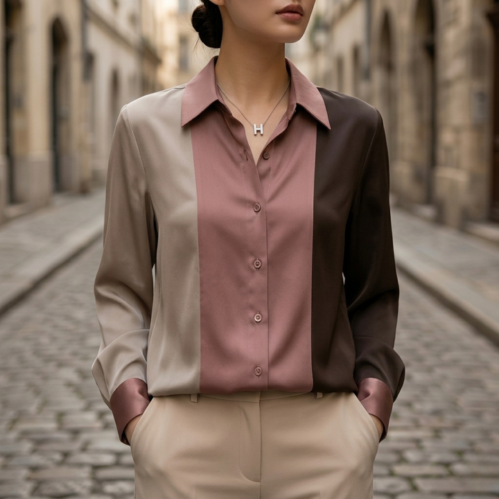 Women’s Block Button Down Blouse Long Sleeve Office Shirt