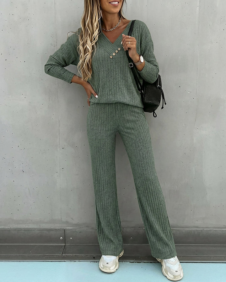 Women's Two Piece Set Ribbed Knit Relaxed Fit V-Neck Long Sleeve Straight Leg
