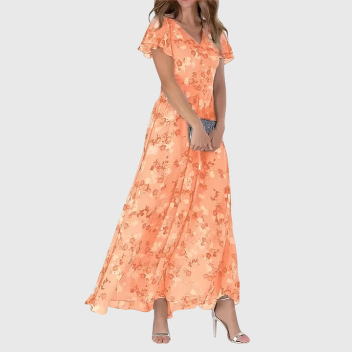 Women's Maxi Dress Floral Slim Fit Short Sleeve V-Neck