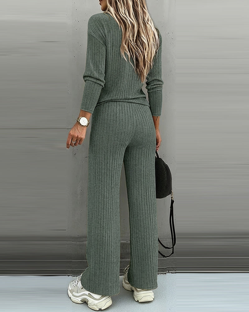 Women's Two Piece Set Ribbed Knit Relaxed Fit V-Neck Long Sleeve Straight Leg