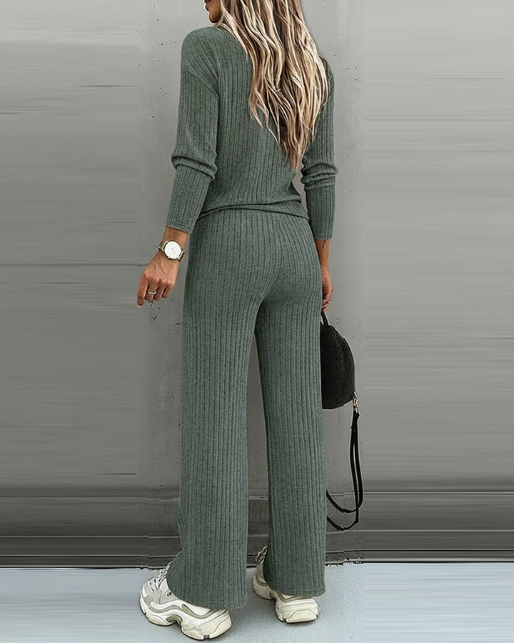 Women's Two Piece Set Ribbed Knit Relaxed Fit V-Neck Long Sleeve Straight Leg