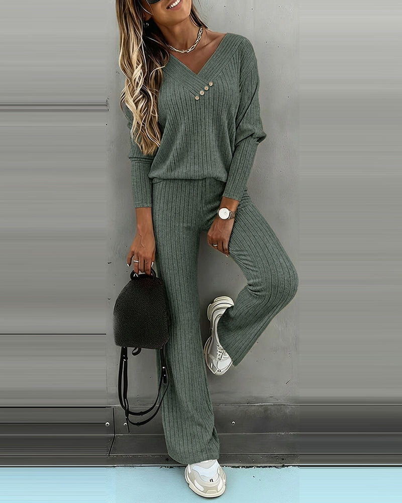 Women's Two Piece Set Ribbed Knit Relaxed Fit V-Neck Long Sleeve Straight Leg