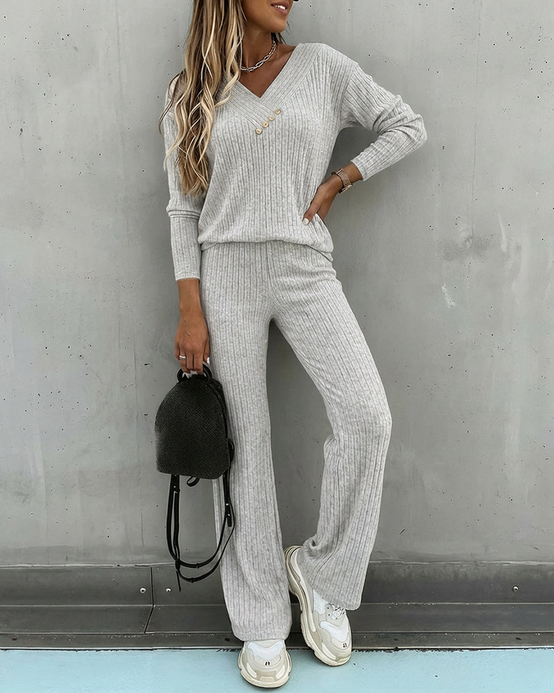 Women's Two Piece Set Ribbed Knit Relaxed Fit V-Neck Long Sleeve Straight Leg