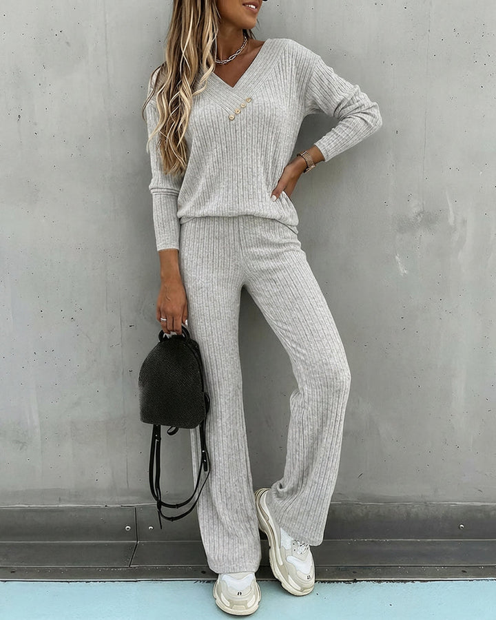 Women's Two Piece Set Ribbed Knit Relaxed Fit V-Neck Long Sleeve Straight Leg