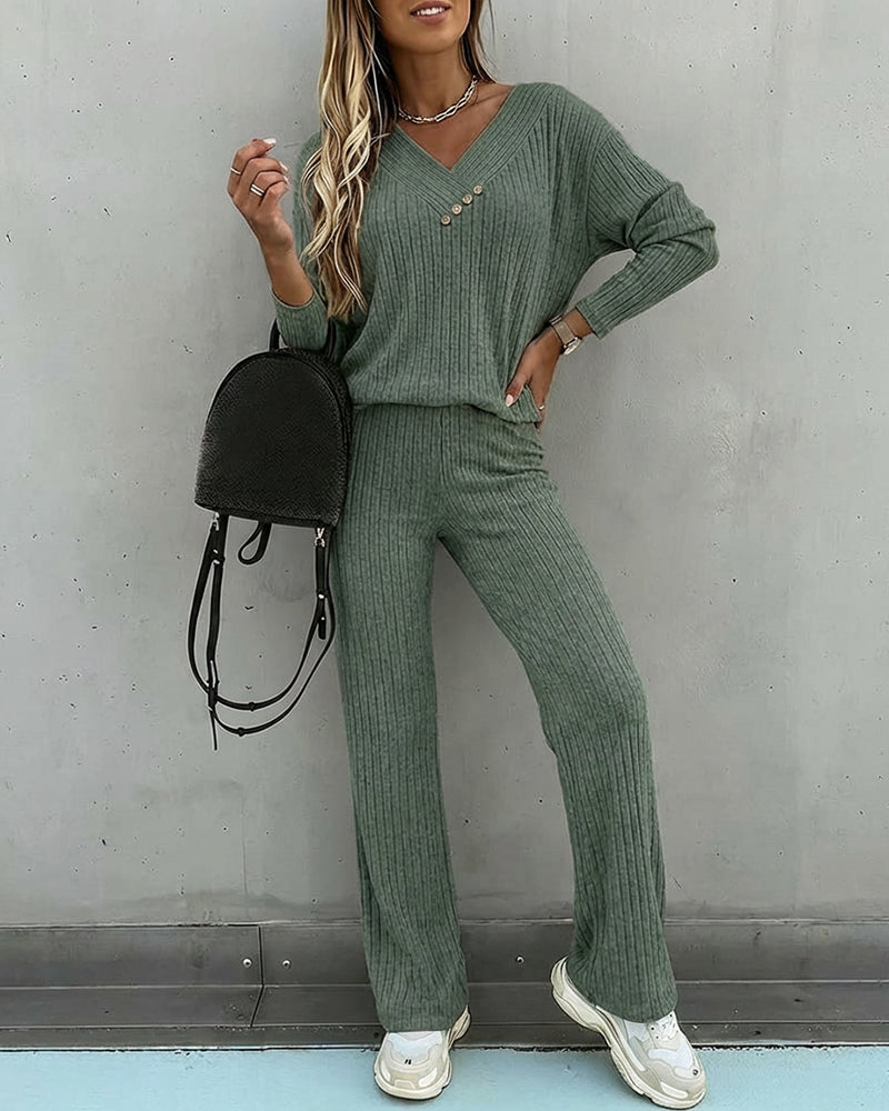 Women's Two Piece Set Ribbed Knit Relaxed Fit V-Neck Long Sleeve Straight Leg