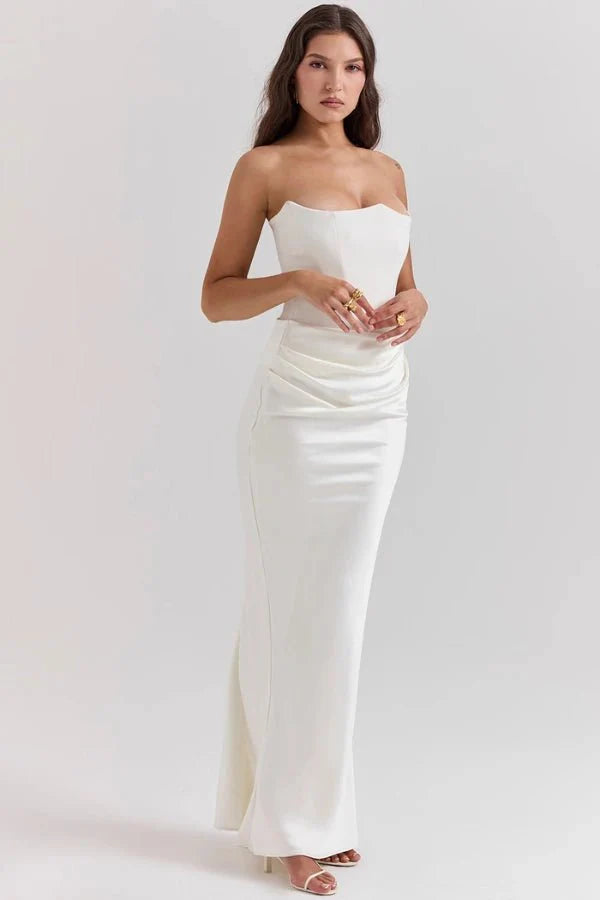 Women's Gown Strapless Corset Satin Structured Bodice Maxi Length