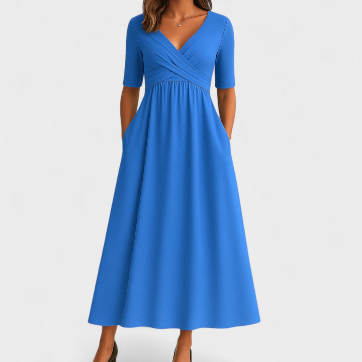 Women's Midi Dress A-Line Wrap V-Neck Three Quarter Sleeve Pockets – Formal