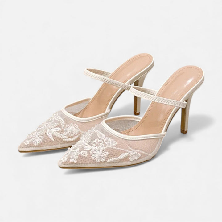 Women's Embroidered Mesh Stiletto Slip-On with Pointed Toe – Elegant