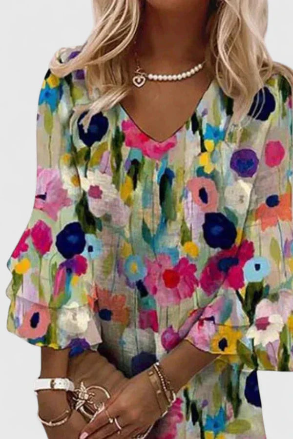 Women's Mini Dress Floral Loose Fit 3/4 Sleeve V-Neck