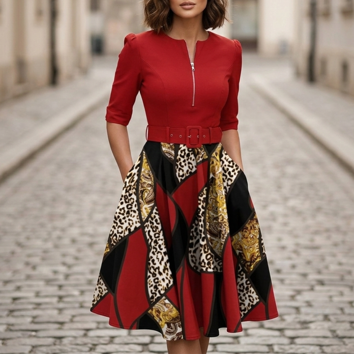 Zip Front Belted Dress Midi Printed Women