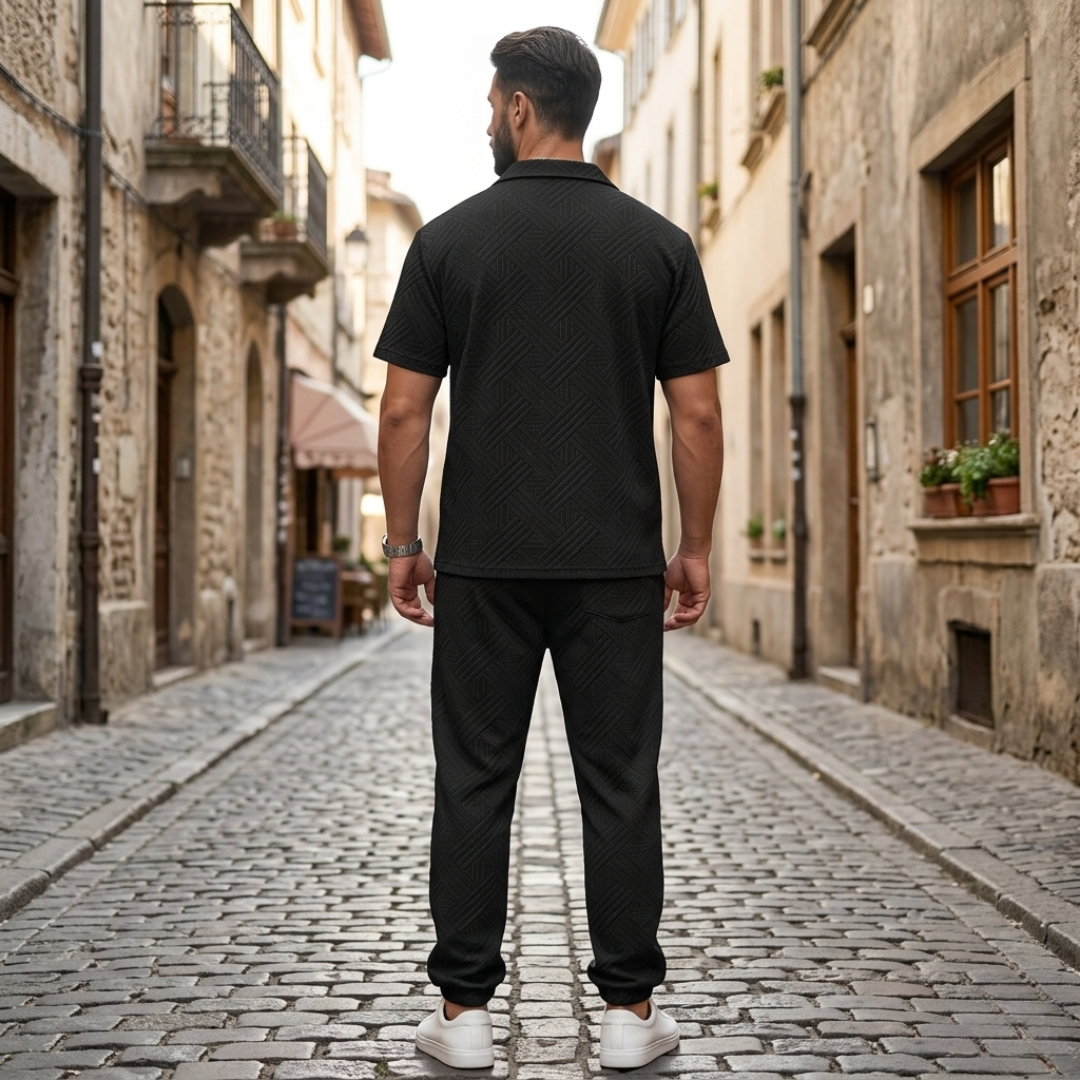 Mens Short Sleeve Shirt and Pants Set Textured Zip Casual Outfit