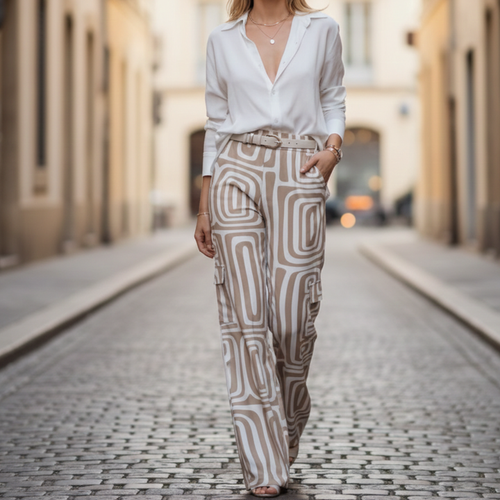 Womens Two Piece Pants Set Collared Blouse Printed