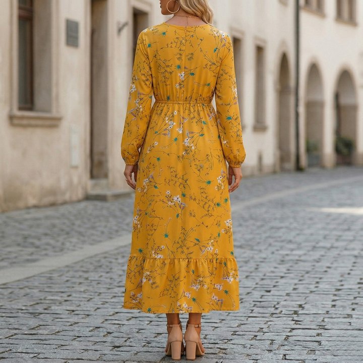 Maxi Dress Long Sleeve Floral Print Elastic Waist Women