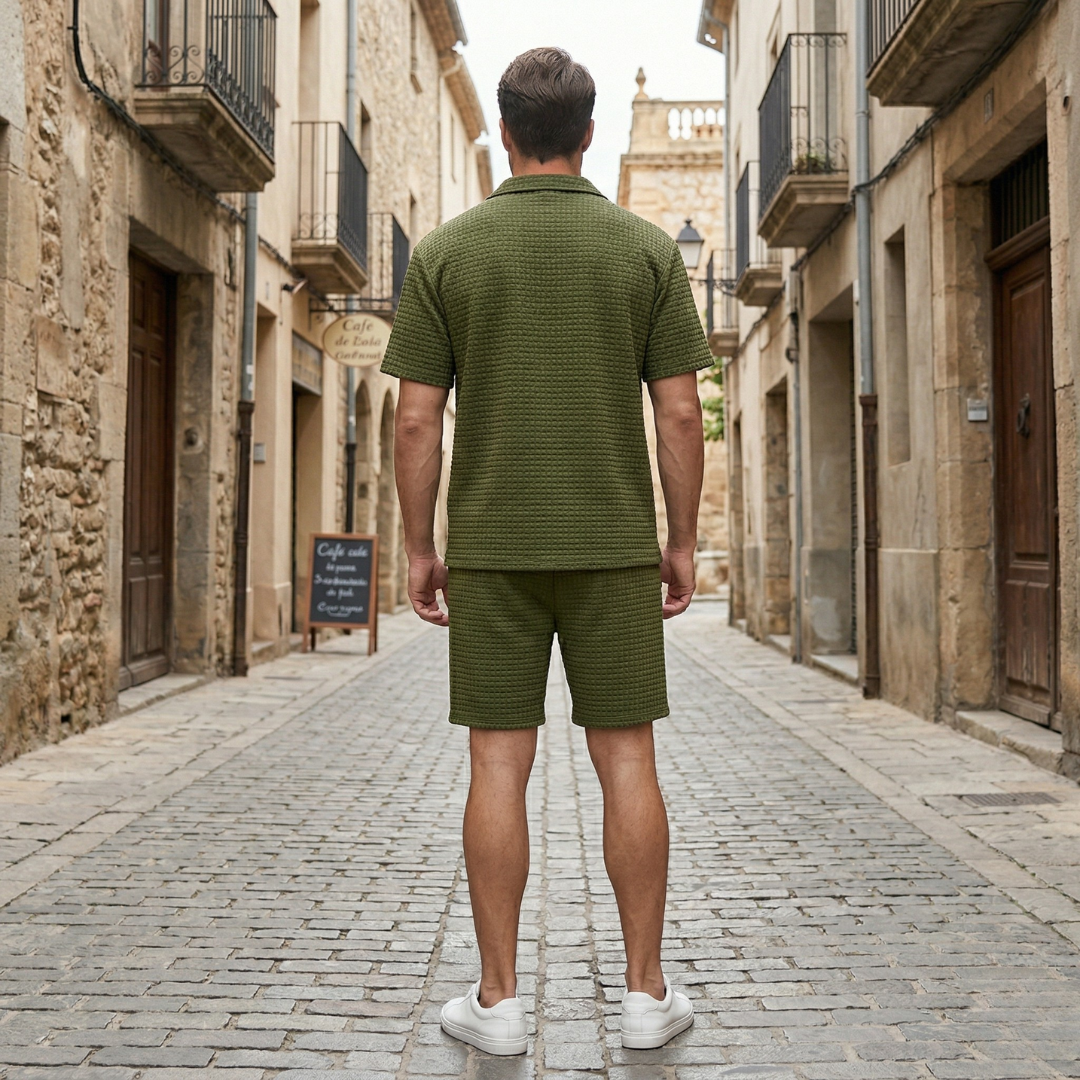 Mens Short Sleeve Shirt and Shorts Set Textured Casual Outfit