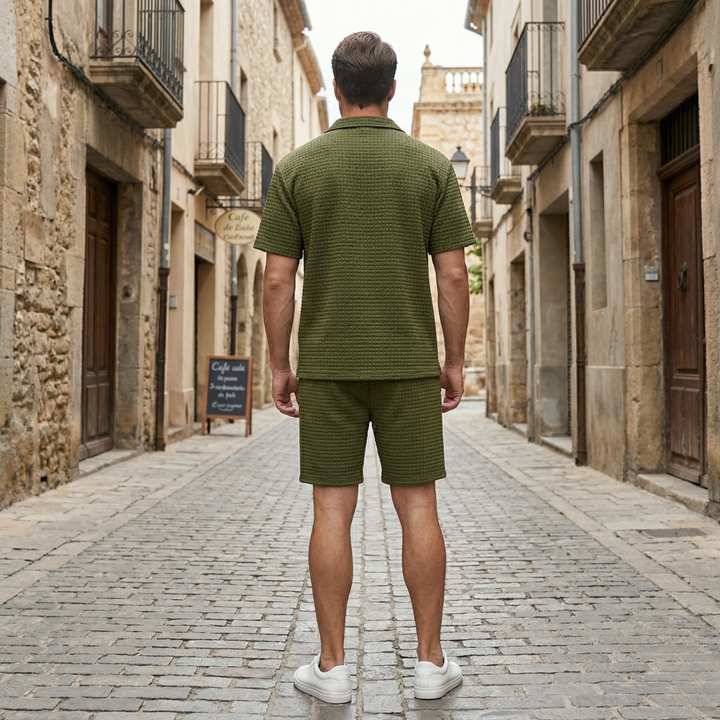 Mens Short Sleeve Shirt and Shorts Set Textured Casual Outfit