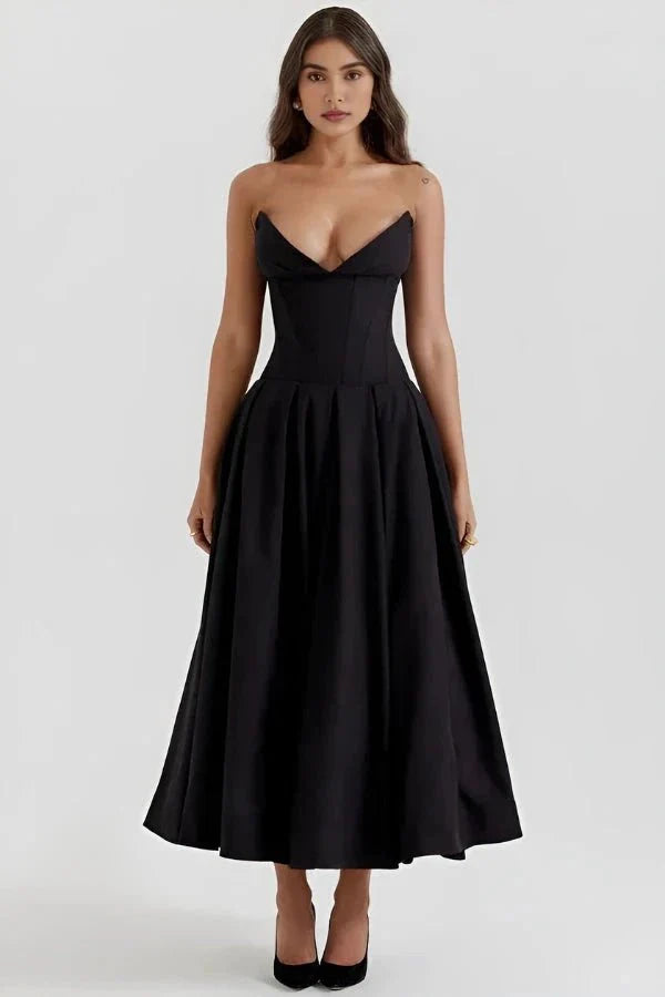 Women's Midi Dress Strapless Boned Bodice Full Skirt Zip Back