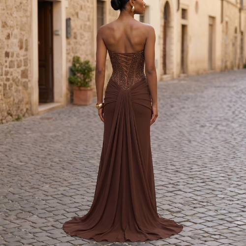 Women’s Strapless Wedding Dress Beaded Corset Bodice Draped Mermaid Gown