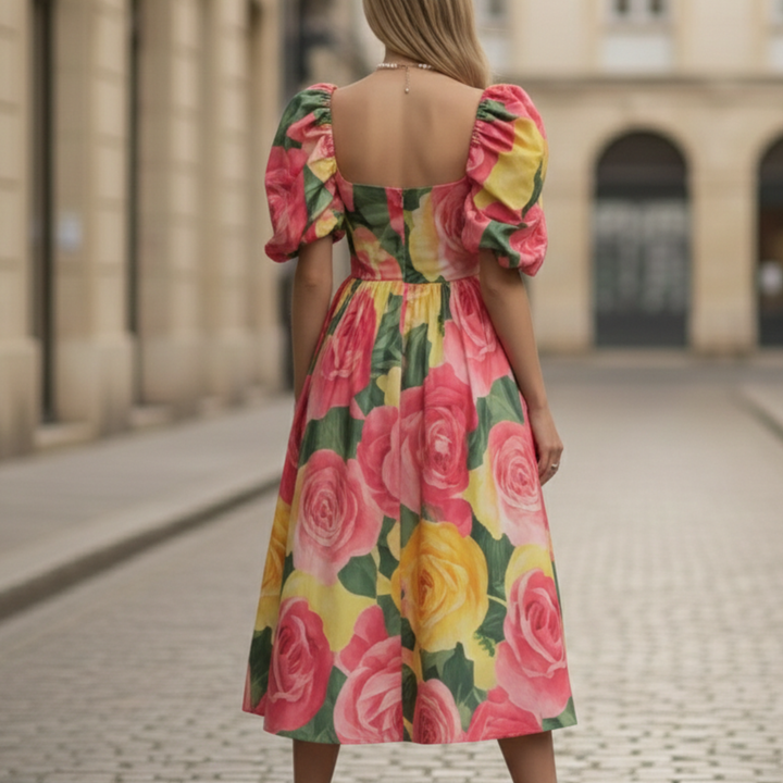 Midi Dress Floral Puff Sleeve Women
