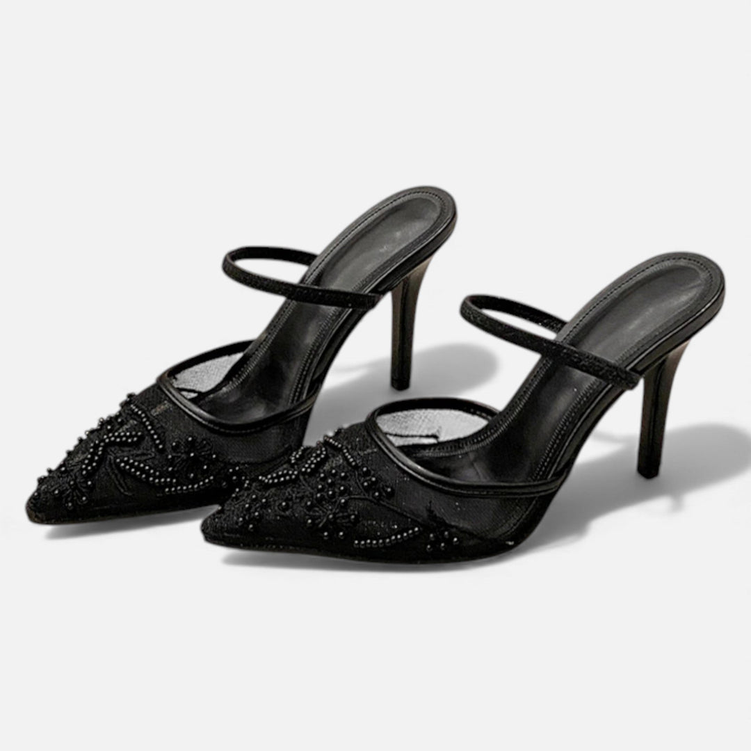 Women's Embroidered Mesh Stiletto Slip-On with Pointed Toe – Elegant