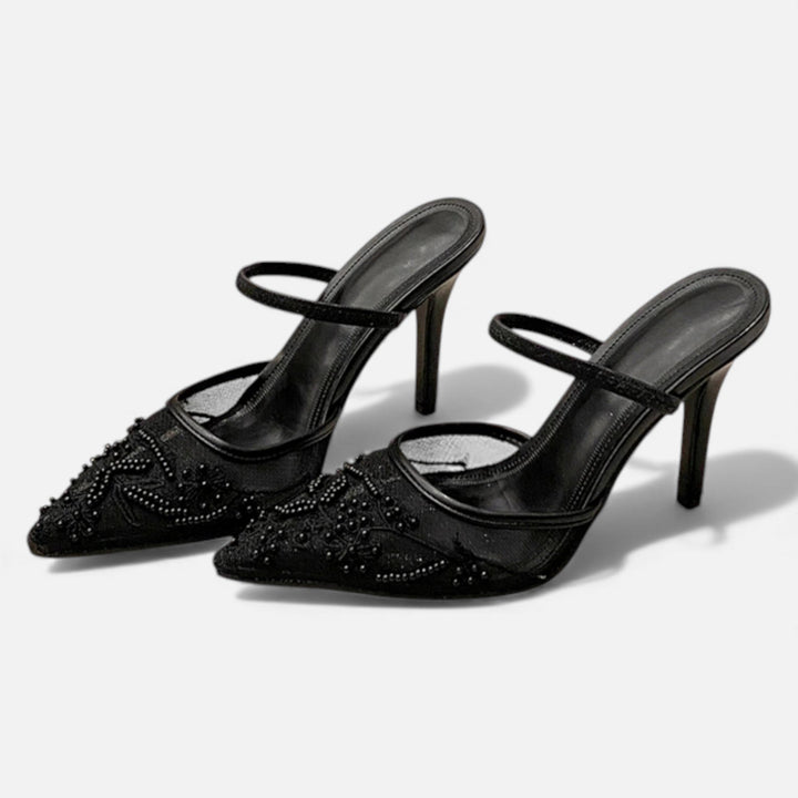 Women's Embroidered Mesh Stiletto Slip-On with Pointed Toe – Elegant